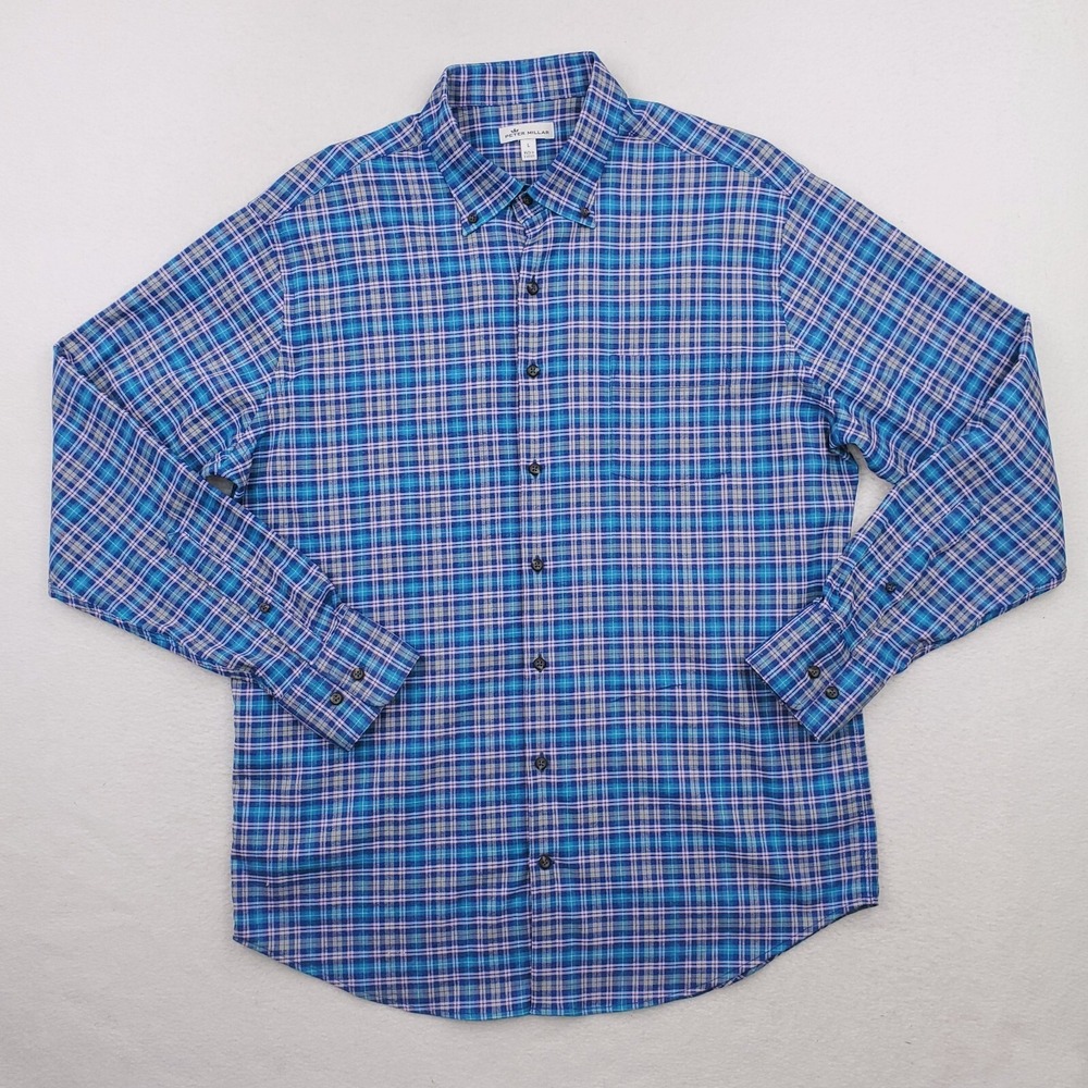 Peter Millar Shirt Mens Large Blue Purple Plaid Neel Performance Flannel Tartan